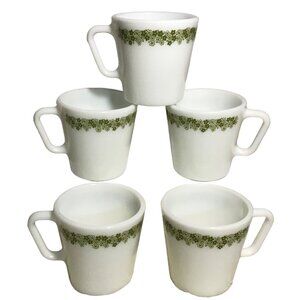 Vintage Pyrex Milk Glass Coffee Mugs Crazy Daisy Green Floral Design - Set Of 5